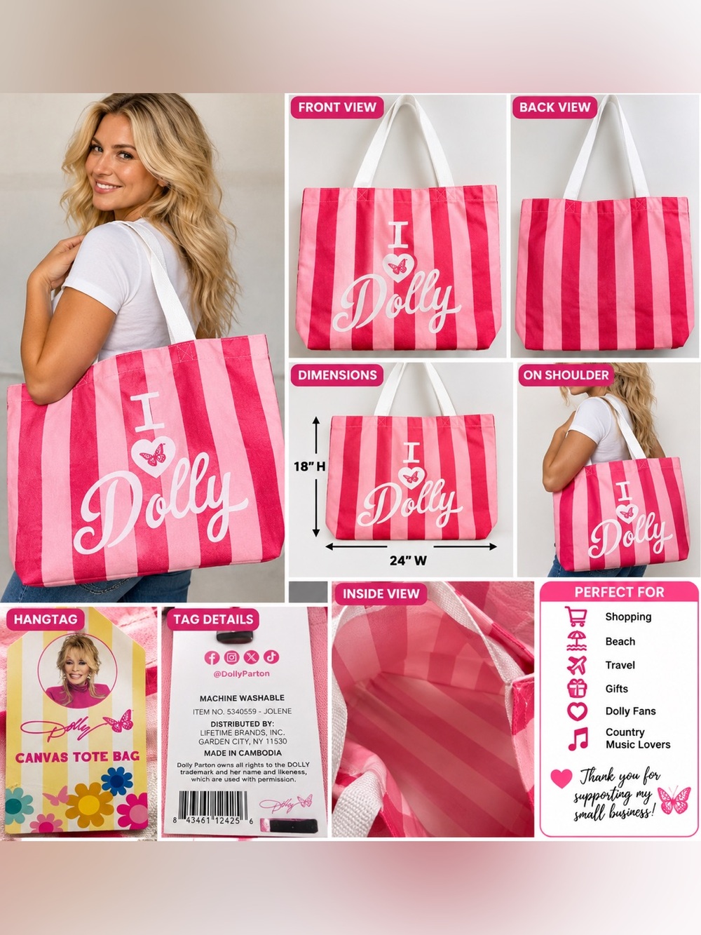 Dolly Parton Jolene Canvas Tote Bag Pink Striped Butterfly NWT Large